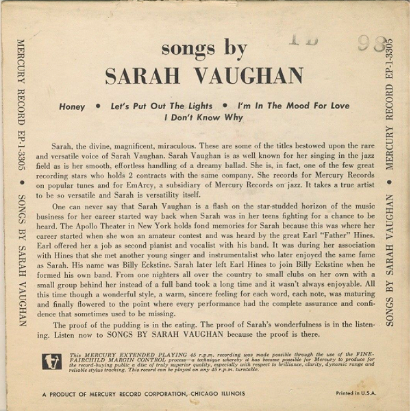 classicwaxxx:  Sarah Vaughan “Songs By Sara Vaughan” EP - Mercury Records, US