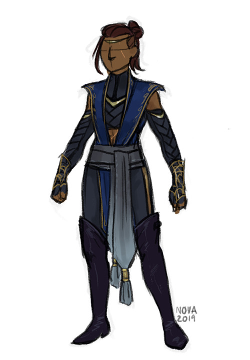 [ID: a digital drawing of Beau from critical role wearing her new outfit, in shades of dark blue and