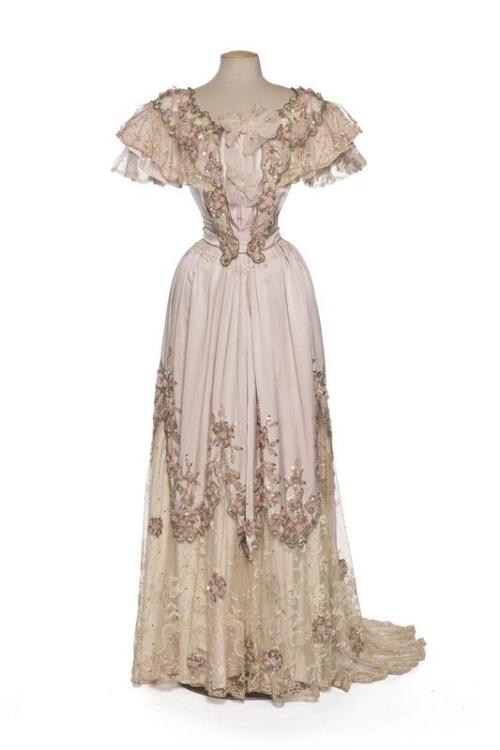 ephemeral-elegance: Charmeuse and Lace Evening Gown with Sequin Trim, ca. 1898-1900House of Clergeat