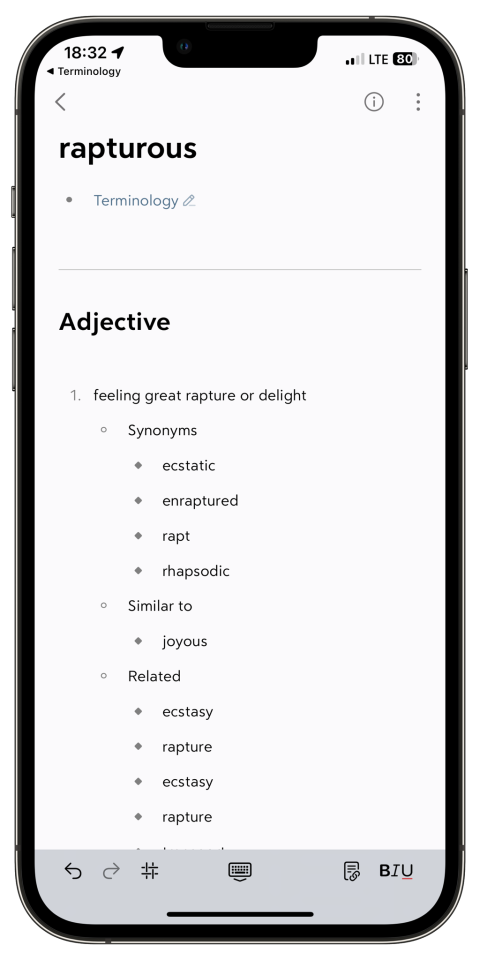 Mocked-up iPhone 12 Pro Max screenshot of my custom vocab/definition entry for "rapturous" in Bear.