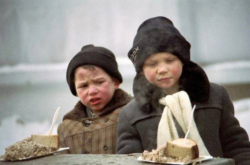 Starving and homeless children in Russia in the 1990s, who often became victims of substance abuse, 