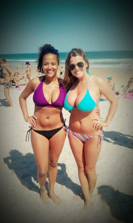 I love it when the friend with the much larger boobs is wearing the smaller bikini