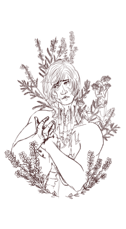 Another gorey sketch with flowers. I never want to draw heather flowers again.Character belongs to m