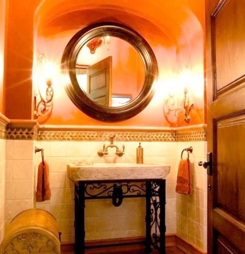 Powder Room Bathroom San DiegoPowder Room - Mid-sized Victorian Beige Tile And Travertine Tile Terra-cotta