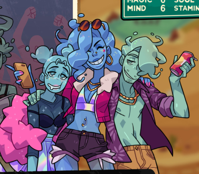 A screenshot of the Monster Roadtrip demo showing three ghost characters similar in design to Polly. The three of them are all smiling wide with their eyes closed, and the two on the sides are leaning into the one in the middle. The one on the left has her hair in two buns and is wearing a sparkly black semi-transparent shirt, a puffy pink jacket below her shoulders, and a shimmering pastel colored skirt. The one in the middle is a darker blue, has long hair, pink nails, and a silver belly button piercing, and is holding a cellphone. She's wearing vintage sunglasses, a gold hoop earing, a short red jacket with a puffy white collar, a bra the same color as the other ghost's skirt, and black shorts like Polly's. The one on the right has short hair that comes down over the right half of their face and a faint goatee, and is holding a beer can. They are wearing an open purple Hawaiian shirt and brown cargo shorts.