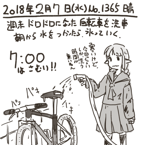 umiusi:「絵日記 2018/02/07 凍る水」キンキンに冷えたクロモリは、ヤバイです。（自転車はガレージに置いてます）