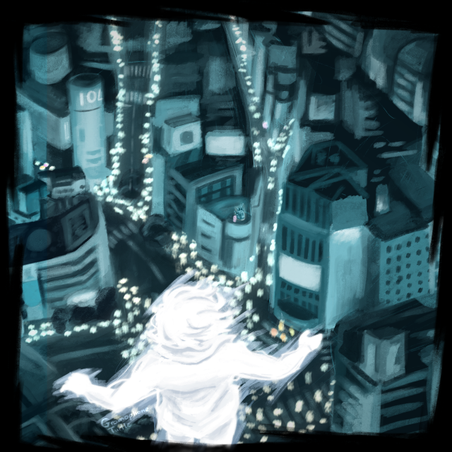 Joshua in his Composer form floating above the Scramble Crossing, looking out to 104 with the peoples Souls glowing. Sho Minamimoto stands on top of a building watching him back.