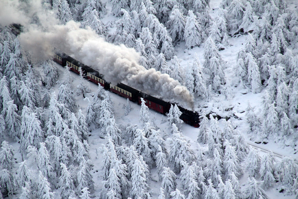 Winter wonderland (a train steams through Brocken mountain in the Harz region of