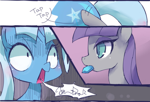 This is the art I did for Everfree Northwest scavenger hunt winner, Kahncub. Her request was Trixie, so I did a comic of Trixie at Rock Farm, co-starring Maud Pie.