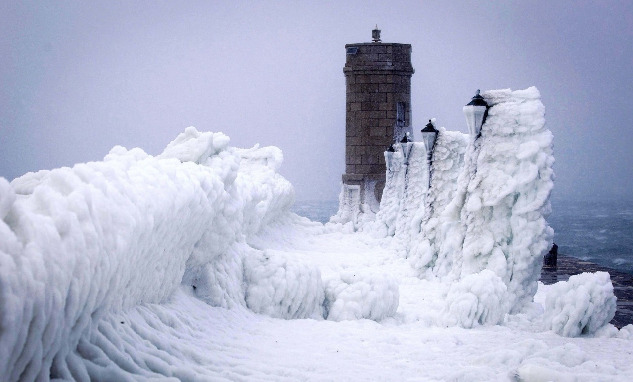  Lamp posts are covered in ice in the Adriatic coastal town of Senj, Croatia on February