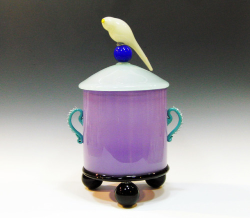 Covered Jar with Bird Finial, David LeviBlown Glass, 22″x10.25″d 1996