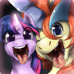 nummynomz:  Pony and Pokemon vore sketch commission for TurboRex300! With a bit of magic, Twilight lifts up the viewer, both her maw and Keldeo’s (in his resolute form!) wide open! Who gets to be the happy filled one? Who knows! They are both just