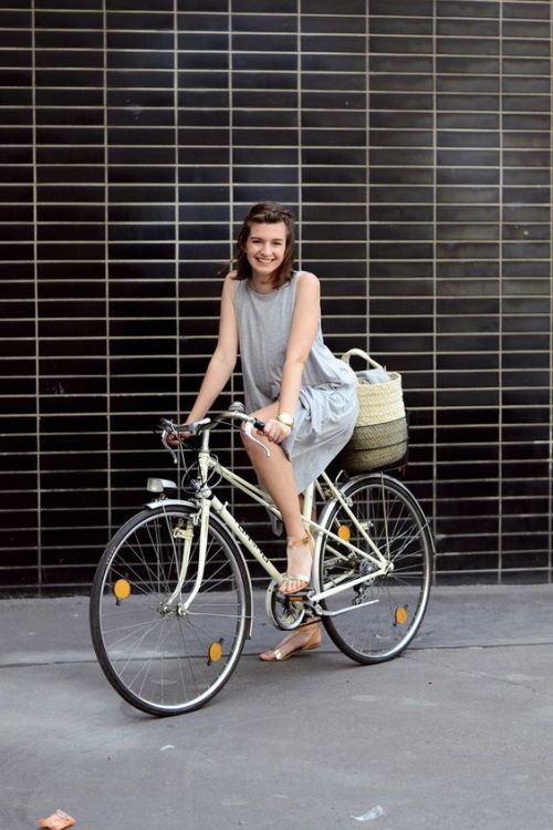 razumichin2:  Cycle chic in simple grey dress (via Pinterest)