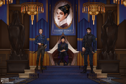  A full background commission of Emily Kaldwin, Corvo Attano, and Alexi Mayhew in the throne room fr