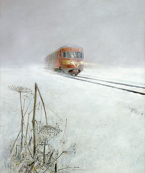 The Blue Angel * Winter  -   Rein PolDutch, b. 1949-Oil on panel* the blue angel train from 1954s ,l