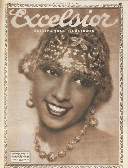 blackhistoryalbum:    BELLA DONNA [”Beautiful Woman’] Josephine Baker, 1920sJosephine Baker on the cover of vintage Italian movie magazine,  “Excelsior,” featuring images and articles of films and film stars of  the time!  1920′s.Black History