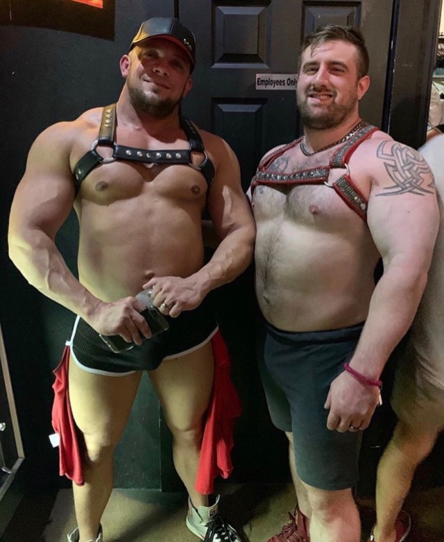 male-tf-control: eurobeef:   Usually, we’re the two smallest guys at the party. But not tonight. Tonight, we’re “Stu” and “Devin,” two super-huge, roided-out muscle guys all dressed up in harnesses and gym shorts.  My friend thinks we’re
