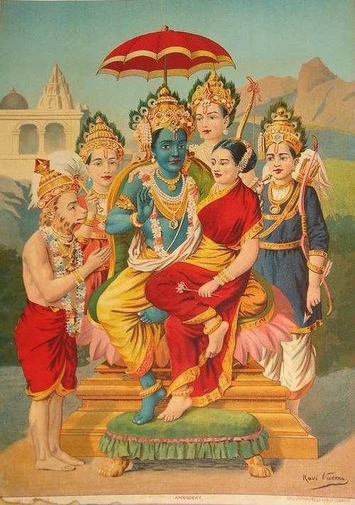 Rama and Sita, with Hanuman, and Rama&rsquo;s three brothers: Lakshmana, Bharata, and Shatrughna