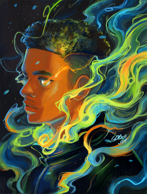 portrait of a young man. he is wearing a black high collared top. There are wisps of green, blue and orange around him. His eyes are also melding into the wispy effect