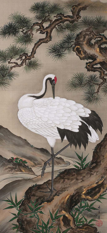japaneseaesthetics: Crane with Pine Tree 松竹に鶴図 Kamiya Seishin mid-19th century MEDIUM/TECHNIQUEOne o