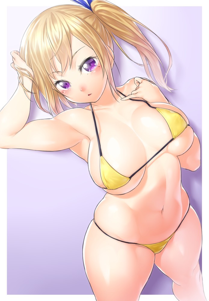 musaigen no phantom world、川神舞、onsoku maru、おへそ、ほくろ、ビキニ、ショートヘア、イエロービキニ、サイドポニーテール、パープルバックグラウンド、skindentation、strap