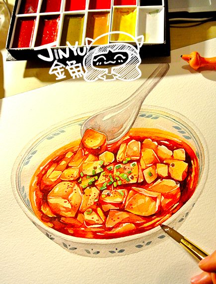 Watercolor paintings of Chinese food by Chinese artist 金鱼Jinyu