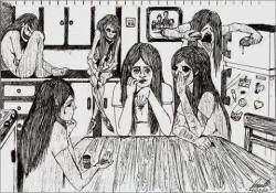 aquaxd:  En la esquina, sentada sobre el mueble está la depresión. Al lado de la depresión está la anorexia. Sentada en la mesa con pastillas en las manos está la ansiedad. En el refrigerador está la bulimia, algo así como comiendo antes de ir