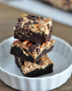 food-smut:  fullcravings:  Pretzel and Toffee Peanut Butter Brownies  X 