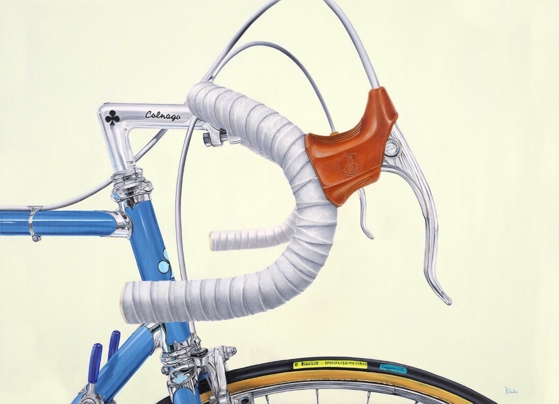 Nickalas Blades Altijd extra kudos voor kunststukjes die nu eens niet digitaal worden gemaakt. Zo schildert Nickalas Blades details van fietsen: stiekem de mooiste stukjes techniek van alles.