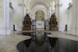 culturenlifestyle:  Recycled Motor Oil Pool Reflects The Stunning Architecture of Switzerland’s Bellelay Abbey Switzerland’s Bellelay Abbey is featuring two enigmatic pools of recycled motor oil, which reflect the stunning architecture of the grand,