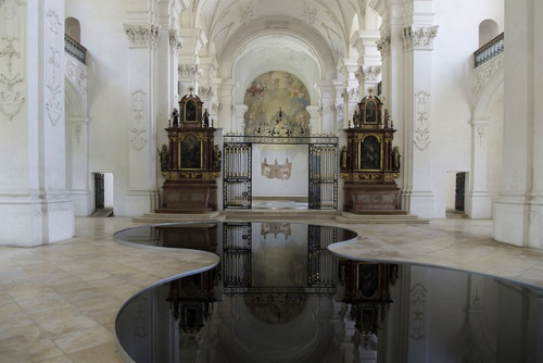 sixpenceee:Artist Romain Crelier has transformed the Bellelay Abbey with reflective pools of used mo