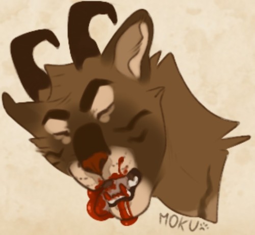 A 3/4 view of Edward's face, as he is sleeping on the ground, mouth open. His tongue is out on the ground, as blood drips from his jaws.