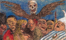 magictransistor:James Ensor. Les Péchés Capitaux (The Deadly Sins). The Deadly Sins Dominated by Death, Gluttony, Sloth, Pride, Anger, Avarice, Envy, Lust (top to bottom). Hand-Coloured Etchings. 1904. 