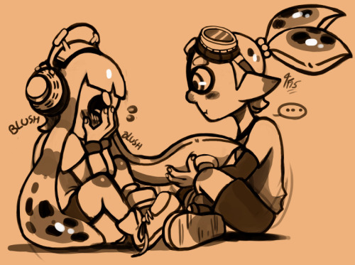 searching-for-bananaflies:  I did the first doodle of the girl teasing the boy and then I started to wonder how sensitive their “hair” is to touch…Remember! There is still one Splatoon online testfire tomorrow (saturday/sunday depending your timezone)!