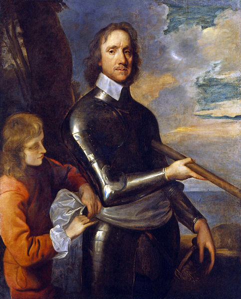 Portrait of Oliver Cromwell with his generals staff while wearing armor.  Painted by Robert Walker.