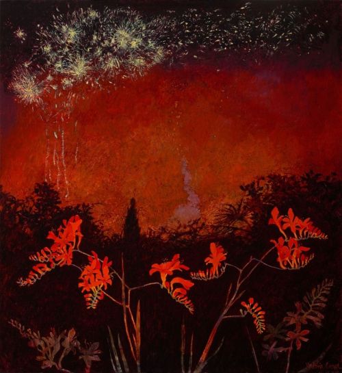 Victoria Crowe (b.1945) - Ferragosto Fireworks and Crocosmia Lucifer. 2016. Oil on linen.