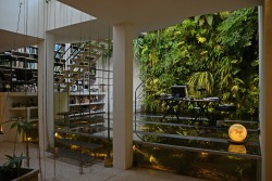 homedesigning:  Wall of books, wall of plants, floor of fishes! Home of botanist and tropical garden specialist Patrick Blanc. More pictures here: Vertical Gardens 