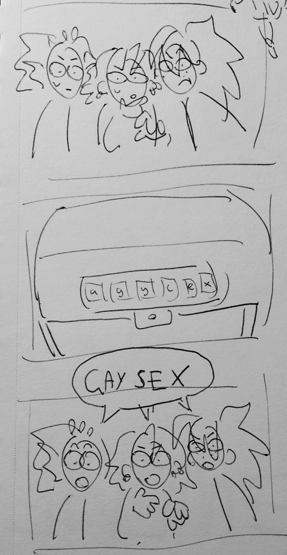 A simple three panel comic. 
The first panel shows Gillion, Chip and Jay looking forwards with confused expressions on their faces, they are trying to solve something.
The second panel shows a closeup of a treasure chest with a combination lock. The combination lock shows the letters a, g, y, c, e, x.
The third panel shows Gillion, Chip and Jay saying "GAY SEX" in unison as they have all come to the conclusion that agycex is an anagram for gay sex.