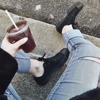 cuffs chucks & coffee | @nicolealyseee in the cry baby music relaxed straight leg denim. #BlankNYC