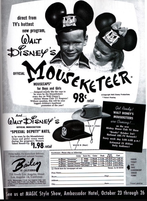 yesteryearads:  “Direct From TV’s Hottest New Program…”  Walt Disney’s Official Mouseketeer Mousecaps