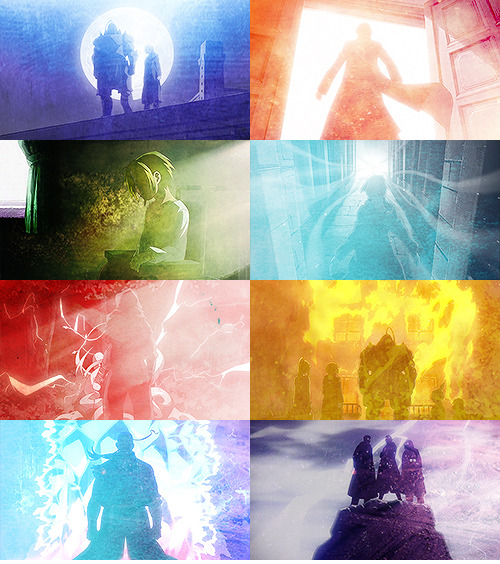 the-writers-ramblings:  Fullmetal Alchemist: Brotherhood  ↳ colours abound + silhouettes
