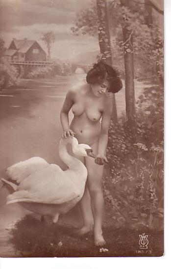 And here we have a naked woman chilling with a taxidermied swan on a fake riverbank.Because,