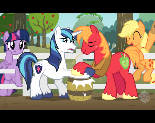 “What? No crazy poneographic shenanigans? What kind of skulduggery is this, NiggerFaggot?” It’s cute pone time, that’s what.  This scene is about a noble fight between two brothers over a barrel of fresh Sweet Apple Acres cider.