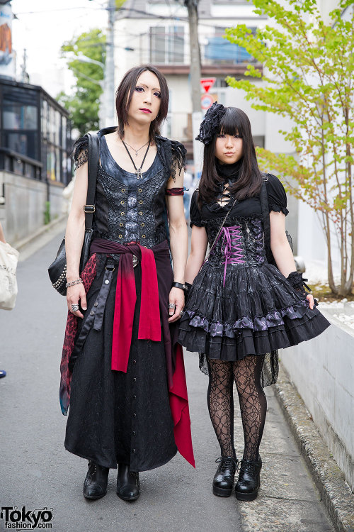 Japanese visual kei fans Reila and Rui on the street in Harajuku wearing gothic fashion from h.Naoto