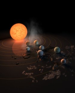 sciencefriday:  missaerospaceblog:  BREAKING NEWS 7 earth sized exoplanets discovered around a star system 40 light years away! THREE OF THEM ARE IN THE HABITABLE ZONE!! Watch the LIVE on NASA TV. images via Planetary Society   Big news! 