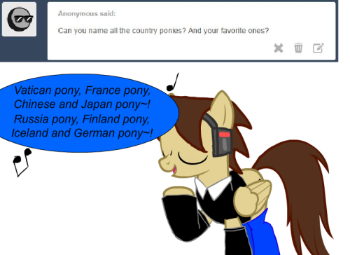 ask-star-singer:  An ask by an Anon featuring ask-swedish-pony, ask-sweden-pony, canada-pony, ask-the-england-ponies (Sorry, it’s deactivated…) and ask-usa-pony.Why name the country ponies I know when I can sing the names?  x3