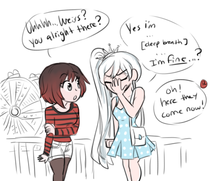 silly monochrome scenario where weiss starts to realize shes having feelings for blake and doesnt know how to handle them. then one day blake and yang go out to hang in town or w/e but weiss gets suspicious so she drags ruby along to investigate
