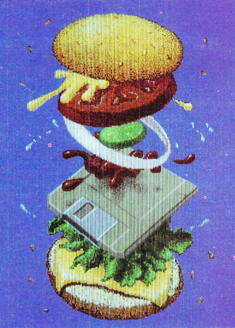 wwwtxt:  Four-Byte Burger ▰ From AmigaWorld (Premiere) ☯85SEP | Illustration by Jack Haeger