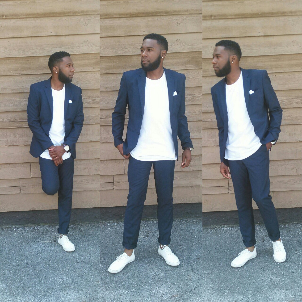 navy blue suit with white sneakers