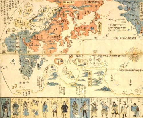 Early 19th century Japanese map of the known world with examples of people from each region on the b